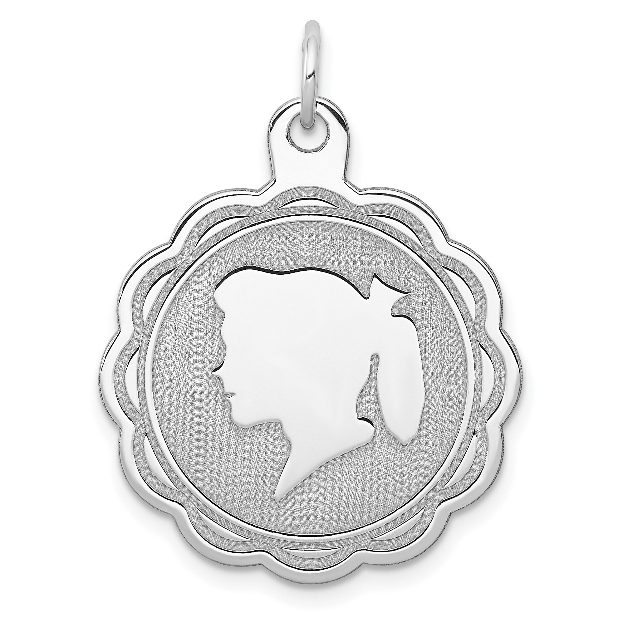 Sterling Silver Rhodium-plated Engraveable Girl Disc Charm (QM320/18)
