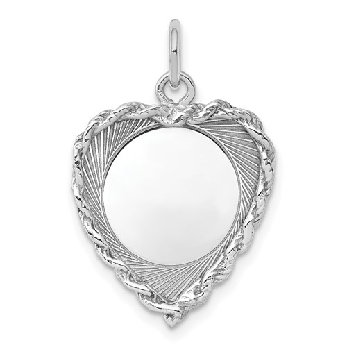 Sterling Silver Rh-plt Engraveable Heart Polished Front Back Disc Charm