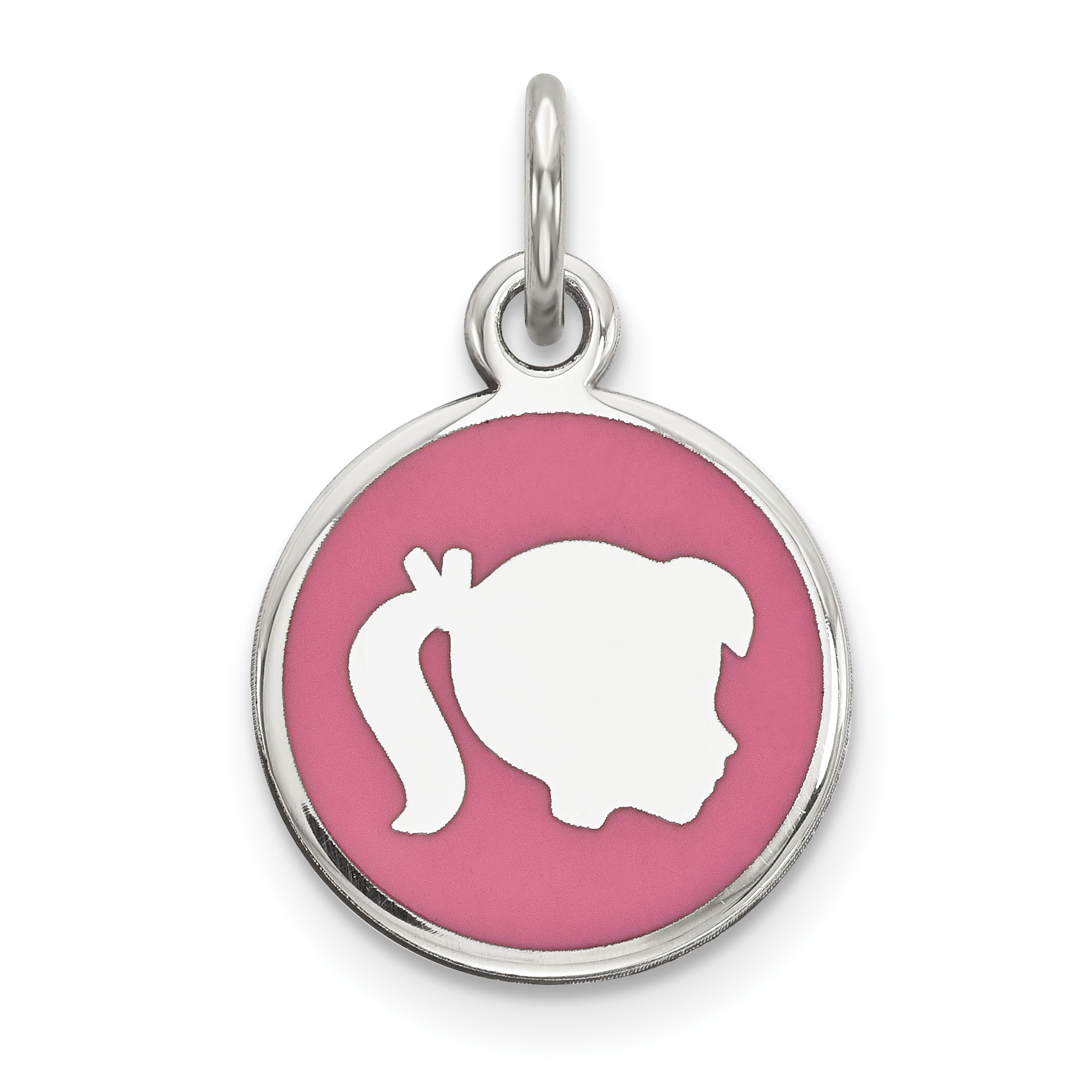 Sterling Silver Rhod-plate Pink Enamel Right Facing Girl Head Disc Charm (QM527)