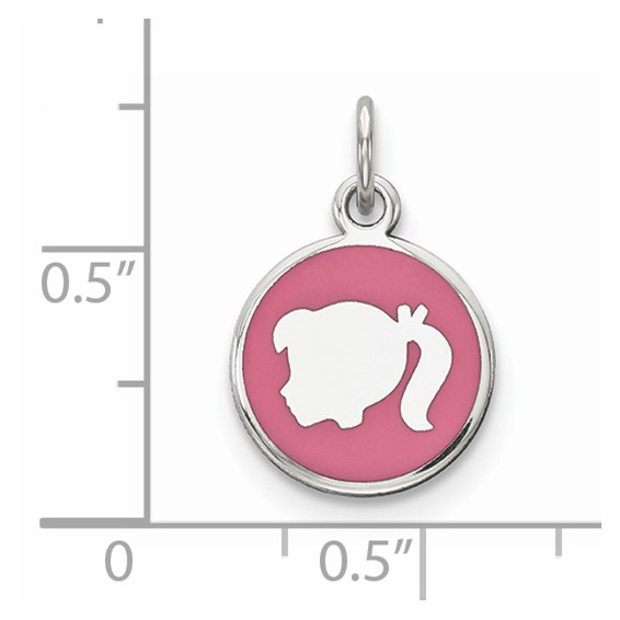 Sterling Silver Rhod-plate Pink Enamel Left Facing Girl Head Disc Charm
