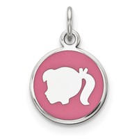 Sterling Silver Rhod-plate Pink Enamel Left Facing Girl Head Disc Charm view 1