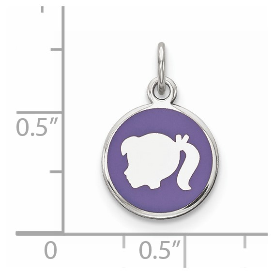 Sterling Silver Rhod-plate Purple Enamel Left Facing Girl Head Disc Charm