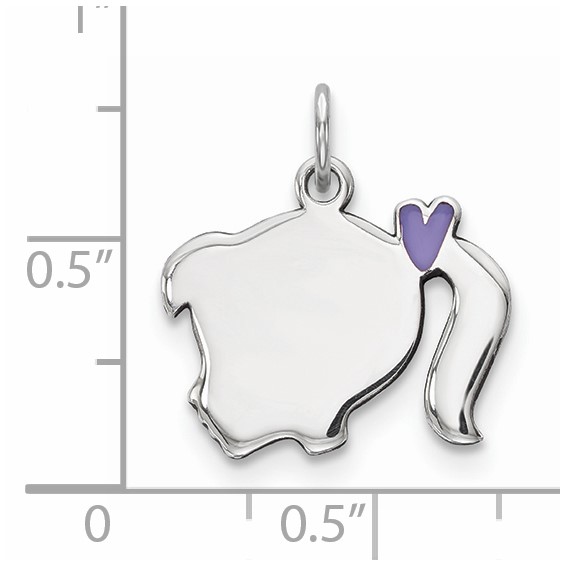 Sterling Silver Rhod-plate Purple Enamel Left Facing Girl Head Disc Charm