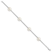 Sterling Silver Rhodium-plated 10-11mm White Imitation Shell Pearl 4 Station Bracelet, 7.5" view 2