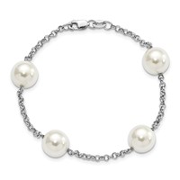 Sterling Silver Rhodium-plated 10-11mm White Imitation Shell Pearl 4 Station Bracelet, 7.5" view 4