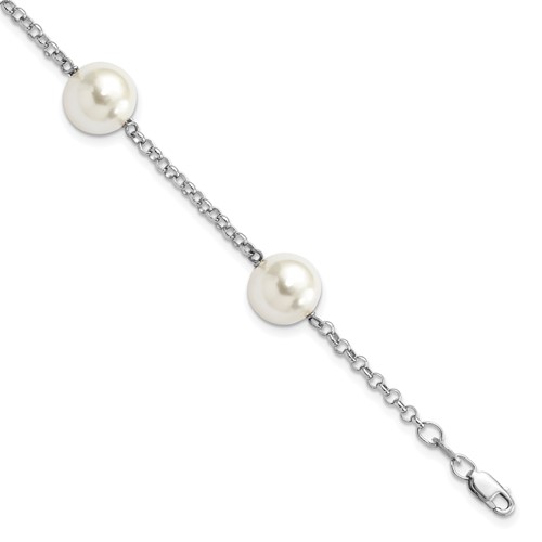 Sterling Silver Rhodium-plated 10-11mm White Imitation Shell Pearl 4 Station Bracelet, 7.5"