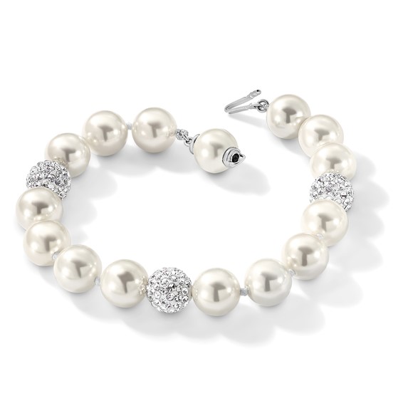 Majestik Sterling Silver Rhodium-plated 10-11mm White Imitation Shell Crystal Hand-knotted Bracelet