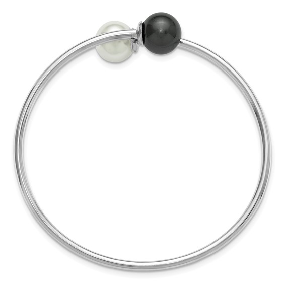 Sterling Silver Rh-plat 10-11mm Wht Blk Imitat Shell Pearl Bangle Bracelet