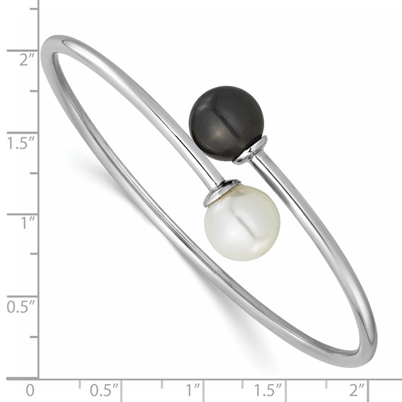 Sterling Silver Rh-plat 10-11mm Wht Blk Imitat Shell Pearl Bangle Bracelet