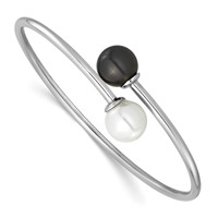 Sterling Silver Rh-plat 10-11mm Wht Blk Imitat Shell Pearl Bangle Bracelet view 1