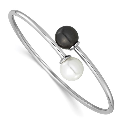 Sterling Silver Rh-plat 10-11mm Wht Blk Imitat Shell Pearl Bangle Bracelet