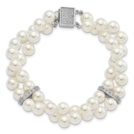 Majestik Sterling Silver Rhodium-plated 7-8mm White Imitation Shell Pearl and CZ Hand-knotted Bracelet