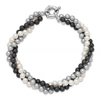 Majestik Sterling Silver Rhodium-plated 3 Row 4-5mm White Grey Black Imitation Shell Pearl Hand-knotted Bracelet view 3