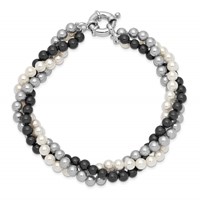 Majestik Sterling Silver Rhodium-plated 3 Row 4-5mm White Grey Black Imitation Shell Pearl Hand-knotted Bracelet view 4