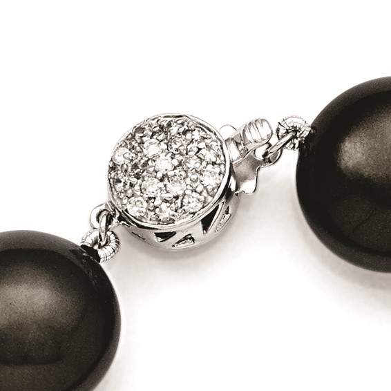 Sterling S Majestik Rh-pl 14-15mm Coin Blk Imitat Shell Pearl CZ Clasp Brac