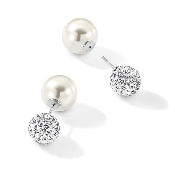 Majestik Sterling Silver Rhodium-plated 10-11mm and 12-13mm CZ and White Imitation Shell Pearl Front Back Post Earrings