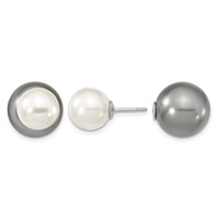 Majestik Sterling Silver Rhodium-plated 10-11mm and 14-15mm Grey Earrings with White Imitation Shell Pearl Front Back Post view 1