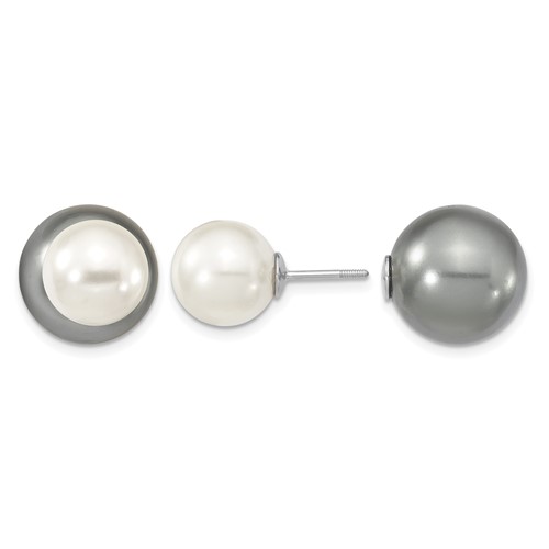 Majestik Sterling Silver Rhodium-plated 10-11mm and 14-15mm Grey Earrings with White Imitation Shell Pearl Front Back Post