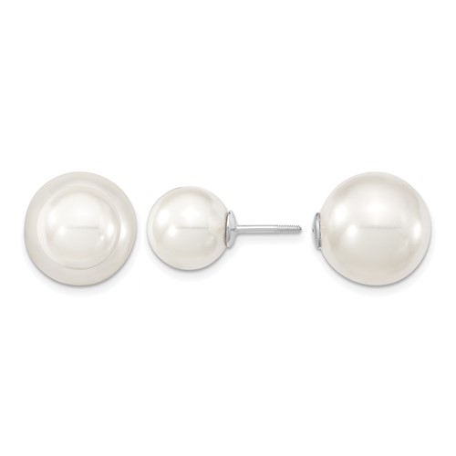 Sterling Silver Rhodium-plated 10-11mm and 14-15mm White Earrings with White Imitation Shell Pearl Front Back Post