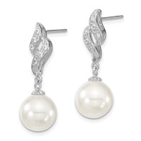 Majestik Sterling Silver Rhodium-plated 10-11mm White Imitation Shell Pearl and CZ Dangle Earrings view 2