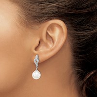 Majestik Sterling Silver Rhodium-plated 10-11mm White Imitation Shell Pearl and CZ Dangle Earrings view 3