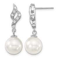 Majestik Sterling Silver Rhodium-plated 10-11mm White Imitation Shell Pearl and CZ Dangle Earrings view 1