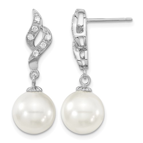 Majestik Sterling Silver Rhodium-plated 10-11mm White Imitation Shell Pearl and CZ Dangle Earrings