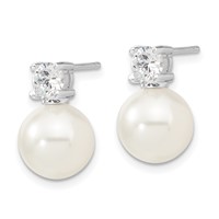 Sterling Silver Rhodium-plated 10-11mm White Shell Pearl and CZ Post Earrings view 2