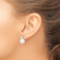 Sterling Silver Rhodium-plated 10-11mm White Shell Pearl and CZ Post Earrings view 3