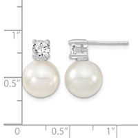 Sterling Silver Rhodium-plated 10-11mm White Shell Pearl and CZ Post Earrings view 4