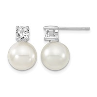 Sterling Silver Rhodium-plated 10-11mm White Shell Pearl and CZ Post Earrings view 1