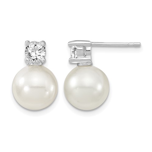 Sterling Silver Rhodium-plated 10-11mm White Shell Pearl and CZ Post Earrings
