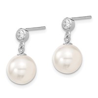 Sterling Silver Rhodium-plated 10-11mm White Shell Pearl and CZ Dangle Earrings view 2