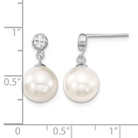 Sterling Silver Rhodium-plated 10-11mm White Shell Pearl and CZ Dangle Earrings view 4