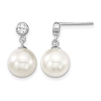 Sterling Silver Rhodium-plated 10-11mm White Shell Pearl and CZ Dangle Earrings view 1