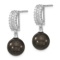 Majestik Sterling Silver Rhodium-plated 10-11mm Black Imitation Shell Pearl and CZ Post Dangle Earrings view 2