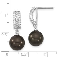 Majestik Sterling Silver Rhodium-plated 10-11mm Black Imitation Shell Pearl and CZ Post Dangle Earrings view 4