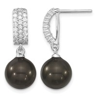 Majestik Sterling Silver Rhodium-plated 10-11mm Black Imitation Shell Pearl and CZ Post Dangle Earrings view 1