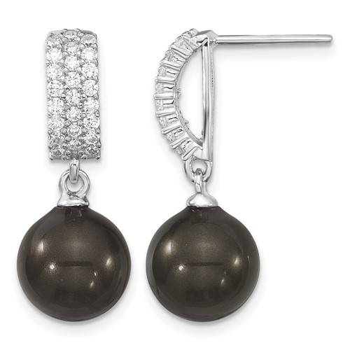 Majestik Sterling Silver Rhodium-plated 10-11mm Black Imitation Shell Pearl and CZ Post Dangle Earrings