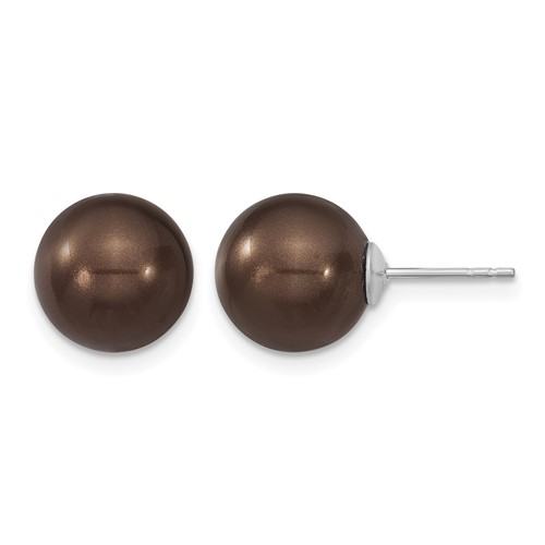 Majestik Sterling Silver Rhodium-plated 10-11mm Brown Imitation Shell Pearl Stud Earrings