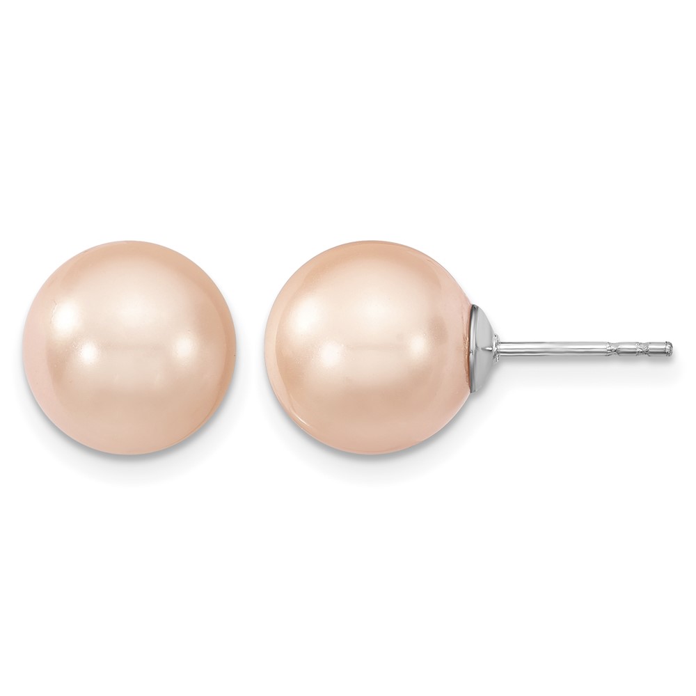 Sterling Silver Rhodium-plated 10-11mm Pink Imitat Shell Pearl Stud Earring