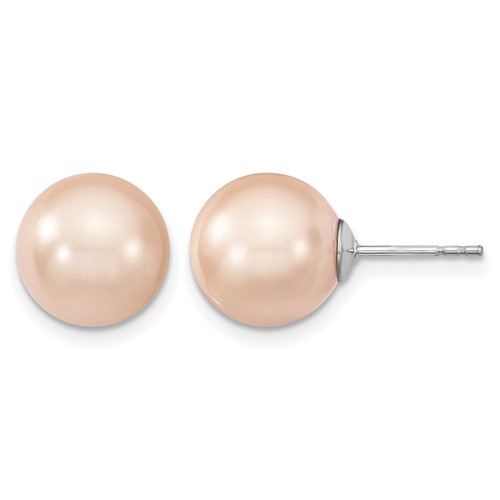 Sterling Silver Rhodium-plated 10-11mm Pink Imitat Shell Pearl Stud Earring