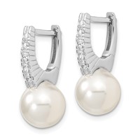 Majestik Sterling Silver Rhodium-plated 10-11mm White Imitation Shell Pearl CZ Hinged Post Dangle Earrings view 2