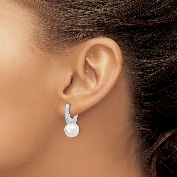 Majestik Sterling Silver Rhodium-plated 10-11mm White Imitation Shell Pearl CZ Hinged Post Dangle Earrings