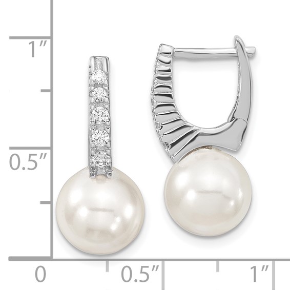 Majestik Sterling Silver Rhodium-plated 10-11mm White Imitation Shell Pearl CZ Hinged Post Dangle Earrings
