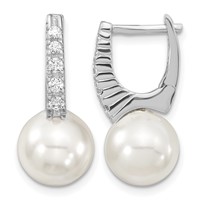 Majestik Sterling Silver Rhodium-plated 10-11mm White Imitation Shell Pearl CZ Hinged Post Dangle Earrings view 1