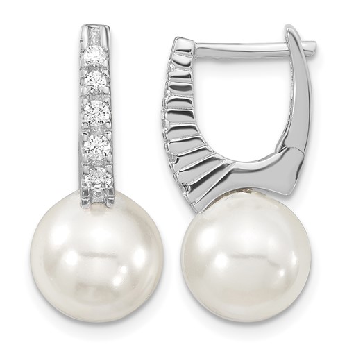 Majestik Sterling Silver Rhodium-plated 10-11mm White Imitation Shell Pearl CZ Hinged Post Dangle Earrings