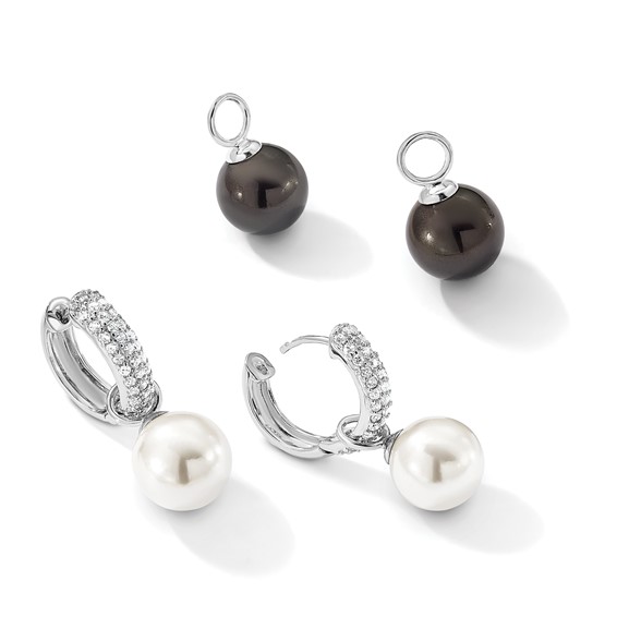 Majestik Sterling Silver Rhodium-plated CZ 12-13mm Black and White Interchangeable Shell Pearl Hinged Hoop Earrings