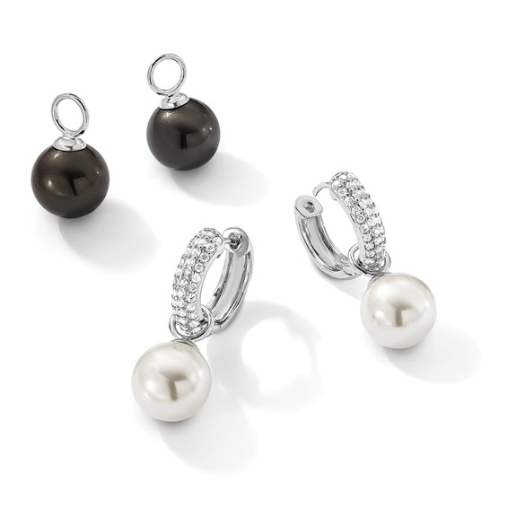 Majestik Sterling Silver Rhodium-plated CZ 12-13mm Black and White Interchangeable Shell Pearl Hinged Hoop Earrings