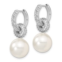 Sterling Silver Rhodium-plated 12-13mm White Shell Pearl Dangle Endless CZ Hoop Earrings view 2